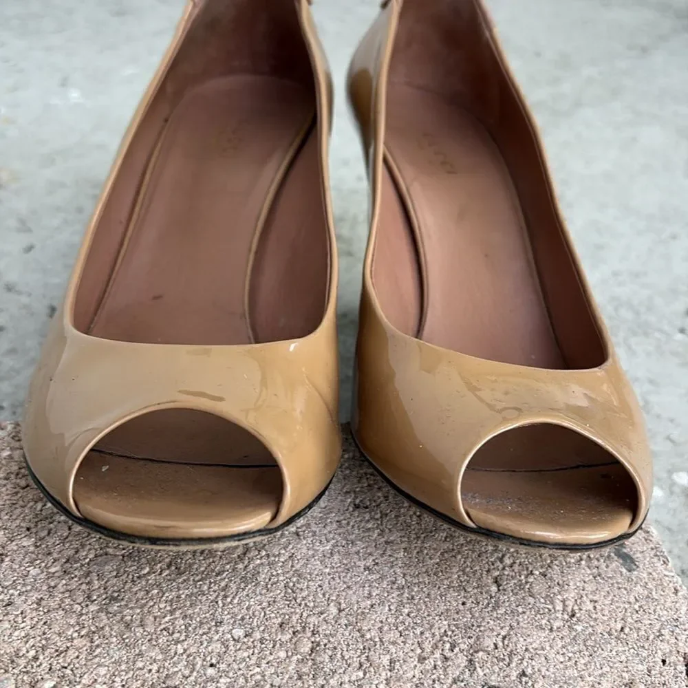 Gucci, patent leather wedge peep toe